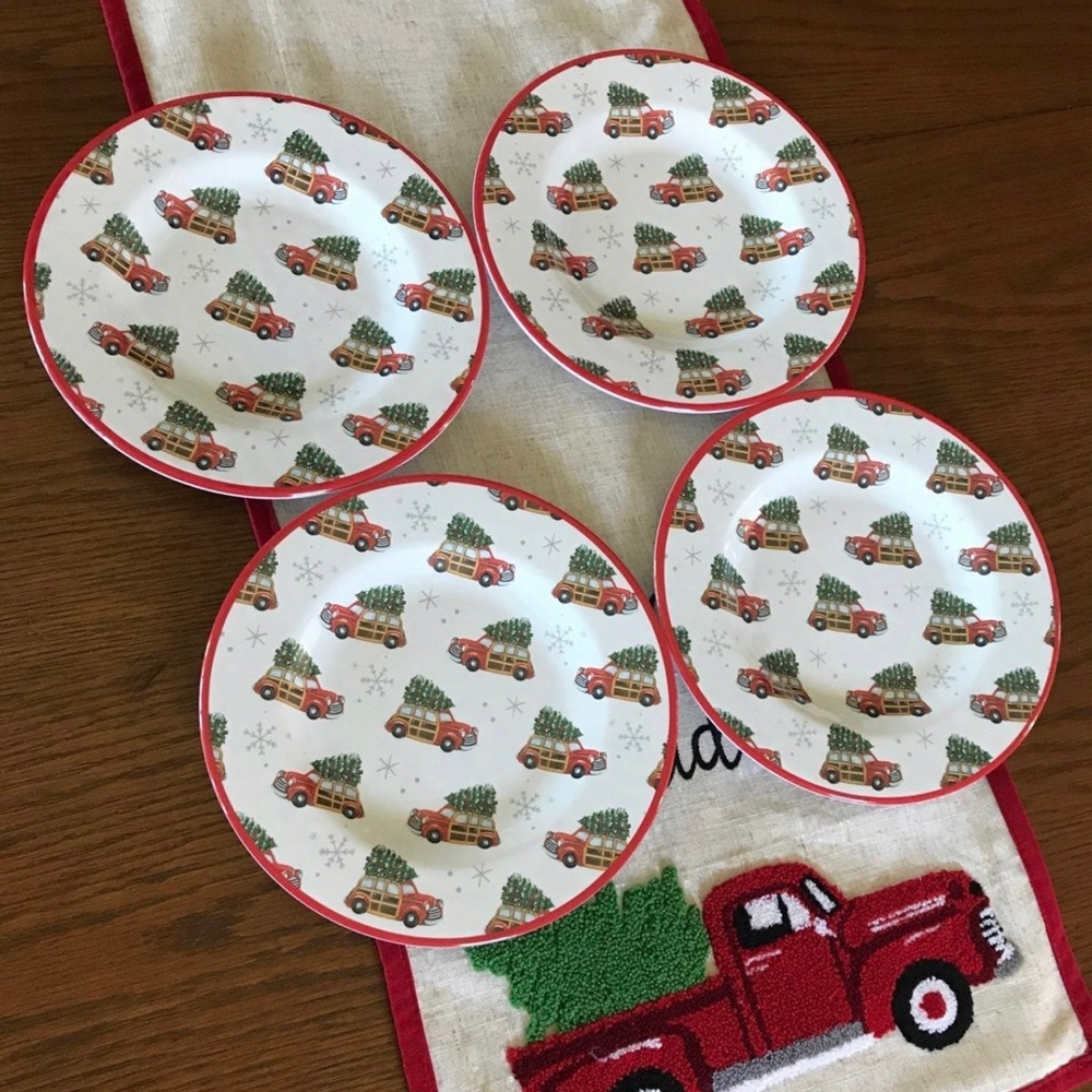 Christmas red car and tree plate set vintage vibes